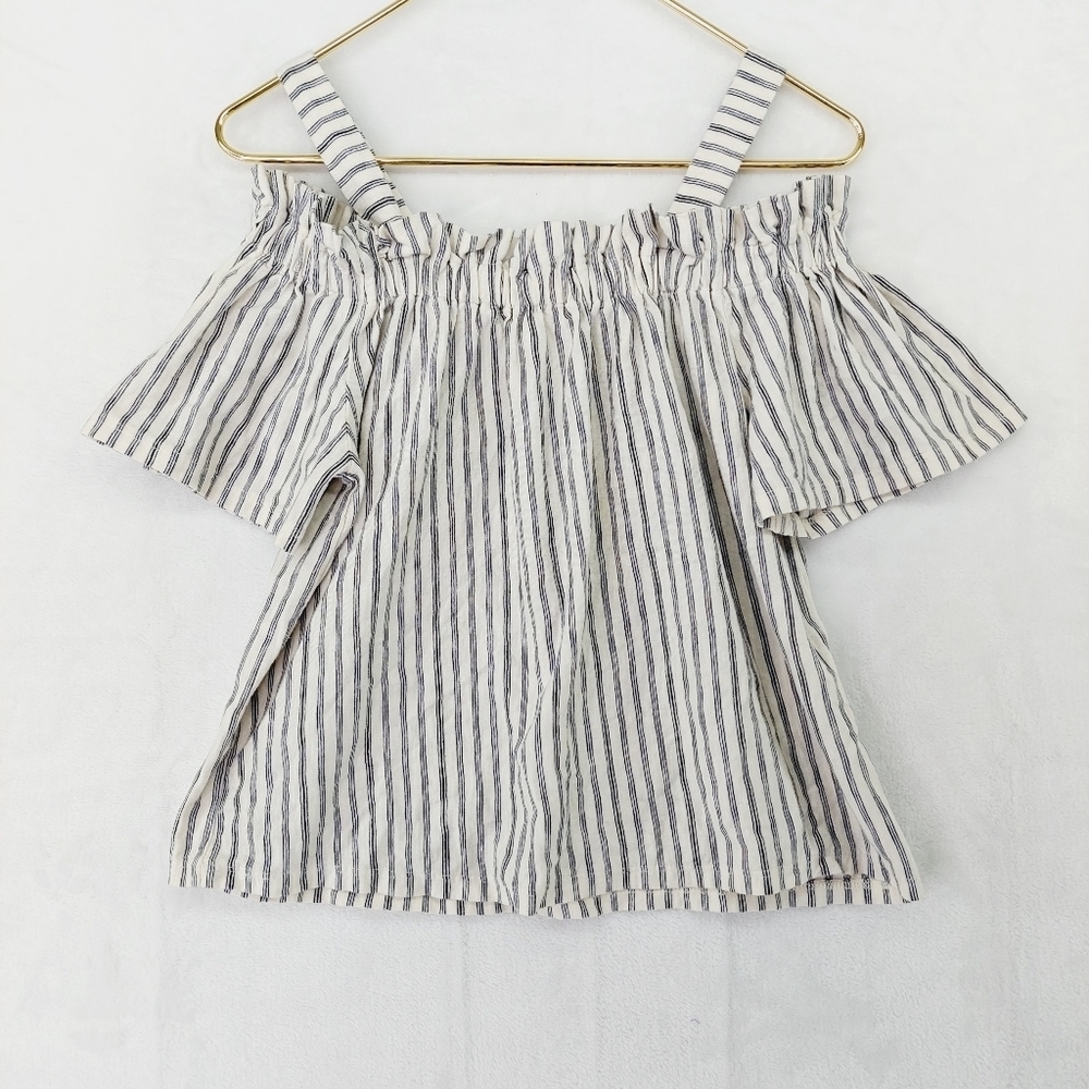 Lucky Brand Gray Striped Ruched cut out Shoulders Summer Top P2445